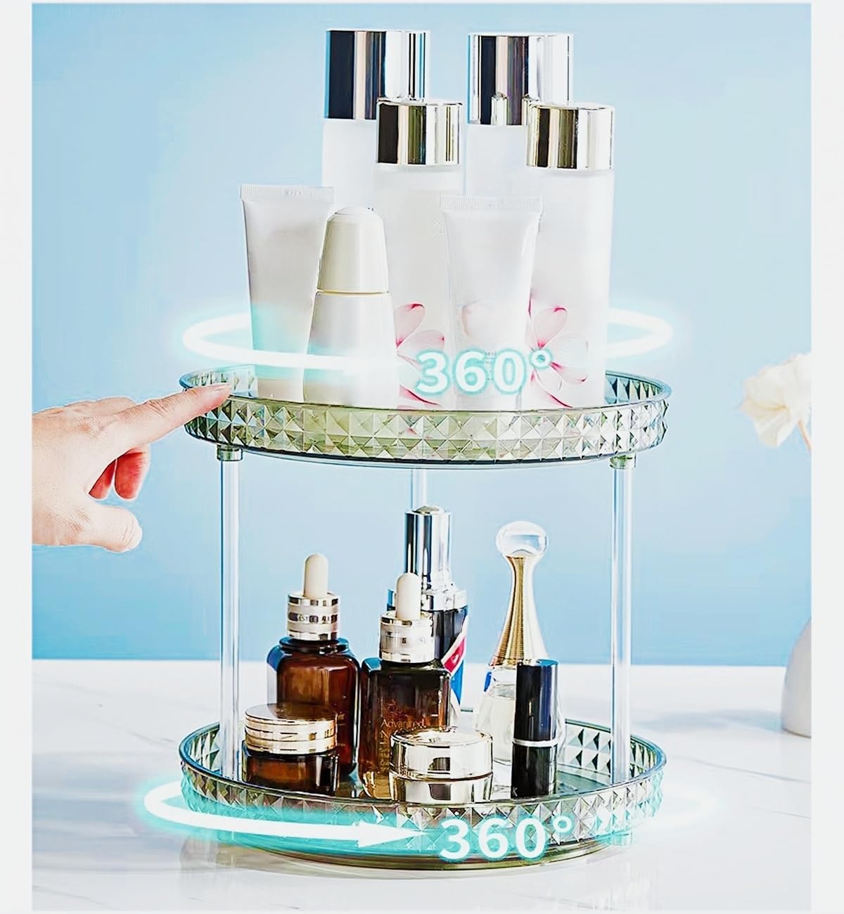 2 Tier Diamond Lazy Susan Bathroom Organizer Countertop, 9.25Inch Clear 360 Rotating Makeup Organizer for Cabinet, Kitchen, Pantry, Countertop, Bathroom, Skincare Perfume Organizer and Storage