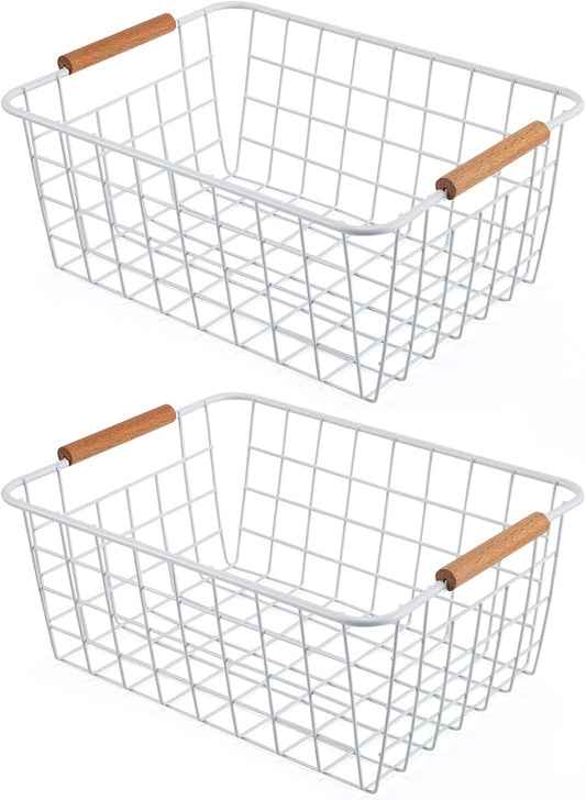 Wire Basket 2 Pcs Wire Storage Baskets Wire Baskets Organizing with Wooden Handles Wire Basket Pantry Organization and Storage Metal Wire Food Storage Basket for Kitchen, Cabinets (White 2PCS)