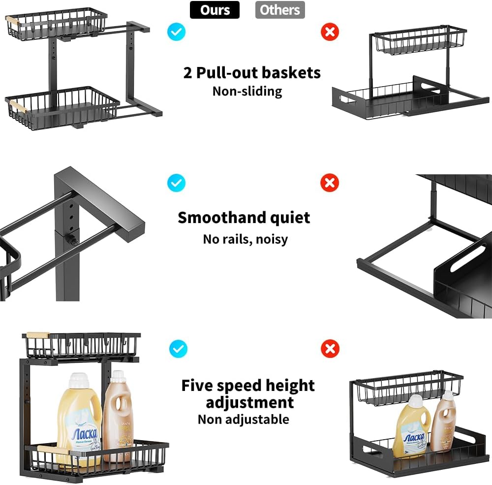 Under Sink Organizer, 2 Tier Metal Under Sink Organizers and Storage, Height Adjustable Slide out Pull out Cabinet Organizer for Kitchen Bathroom