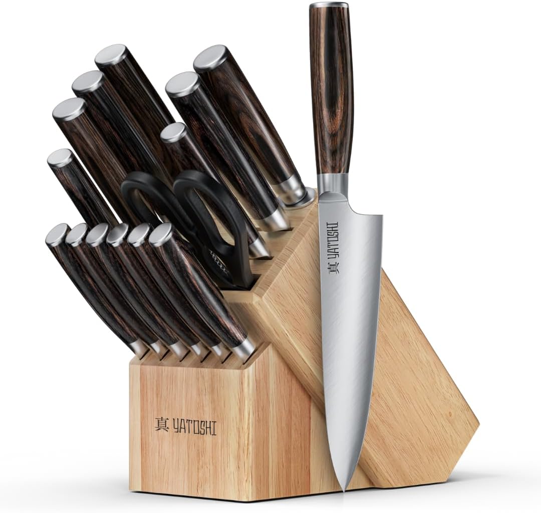Yatoshi 15 Piece Knife Block Set - Pro Kitchen Knife Set Ultra Sharp High Carbon Stainless Steel with Ergonomic Handle