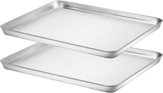 Baking Sheets Set of 2, HKJ Chef Cookie Sheets 2 Pieces & Stainless Steel Baking Pans & Toaster Oven Tray Pans, Rectangle Size 16 x 12 x 1 inch, Non Toxic & Healthy & Easy to Clean