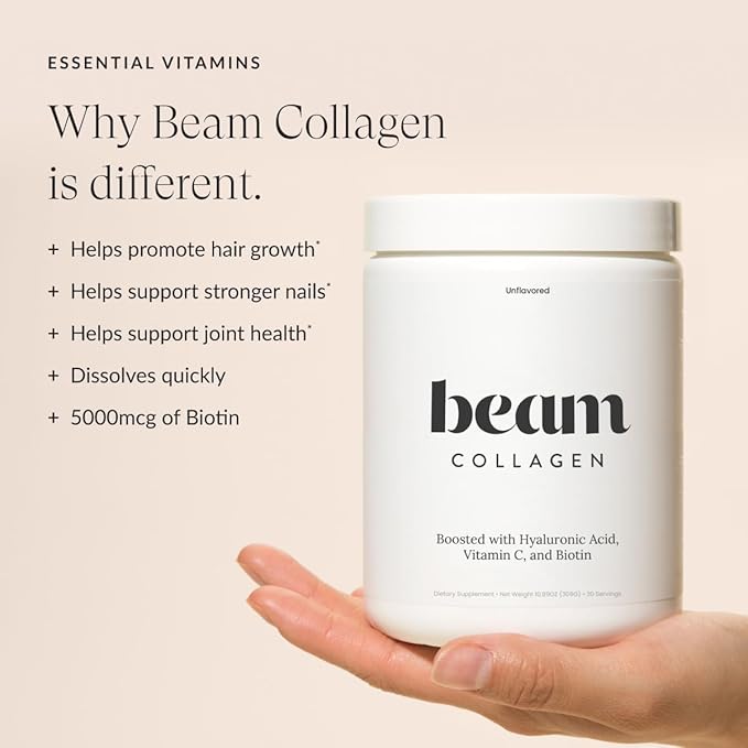Beam Collagen Powder, Collagen for Women, Collagen with Hyaluronic Acid, Collagen Peptides Type 1 and 3, with Biotin, Grass Fed Bovine, Third-Party Tested, Best for Coffee, Vitamin C, 60 Servings