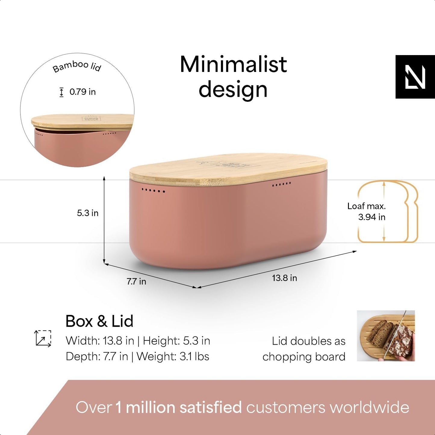 LARS NYSØM Bread Box I Metal Box with linen bag for long lasting freshness I Bread Bin with bamboo lid usable as cutting board I 14.2x7.5x5.1 In (Brick Red)