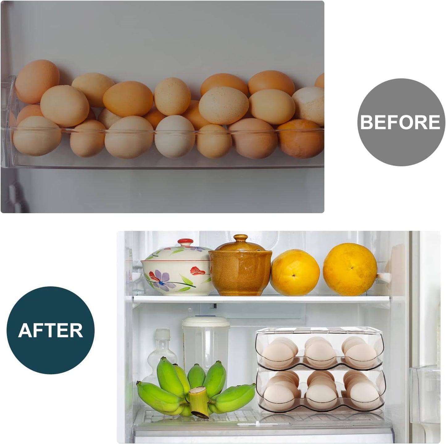 Egg Holder for Fridge, Automatically Rolling Egg Storage Container for Refrigerator,Large Capacity Egg Organizer for Fridge with Lid,Clear Plastic Dispenser, Tray & Bin -1 Layer