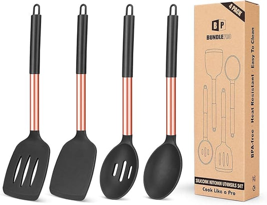 Pack of 4 Silicone Cooking Utensils Set, Non Stick Large Solid Spatulas, Heat Resistant Rose Gold Black Slotted Spoons, Ideal BPA Free Kitchen Turners for Frying, Mixing,Serving,Draining,Turning