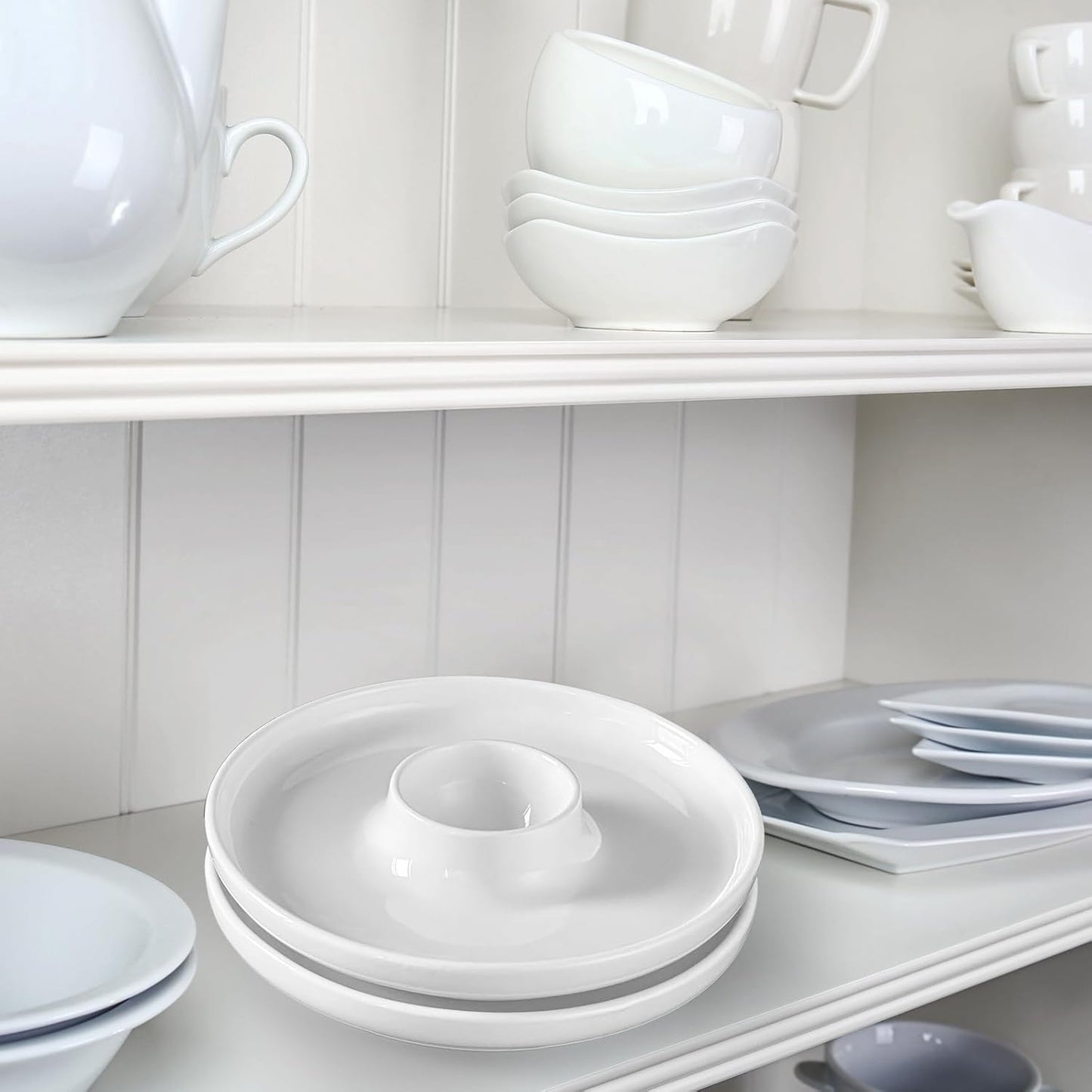 Cinf EggHolder & Spoon Set 2 Ceramic Egg Holders + 2 SS Spoons Breakfast Plate White 5.5'' Food Container Egg Tray Dinner Serving for Hard Boiled Eggs, Easter & Deserts Kitchen