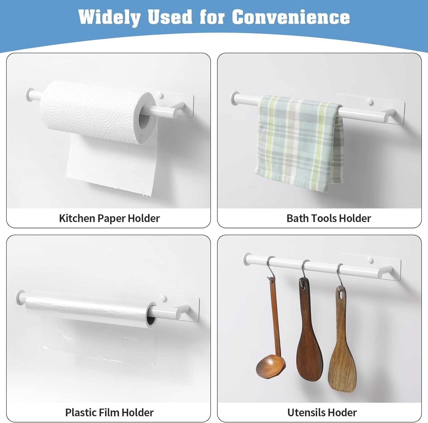 theaoo White Paper Towel Holder - Under Cabinet Paper Towel Holder for Kitchen, Adhesive Paper Towel Roll Rack for Bathroom Towel, Wall Mounted Matte Black Paper Towel Rack, SUS304 Stainless Steel