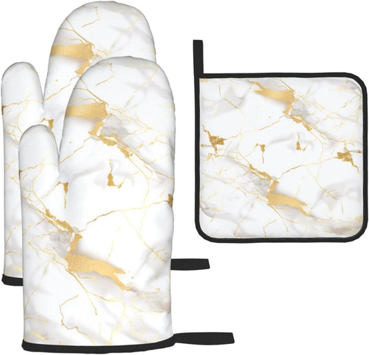 White Gold Marble Oven Mitts and Pot Holders Sets of 3 Heat Resistant Oven Gloves Hot Pads Non-Slip Kitchen Accessories for Baking Cooking Grilling BBQ