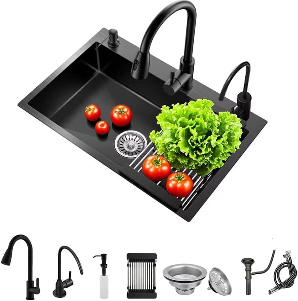 Black Drop in Kitchen Sink, Stainless Steel Single Bowl Sink with 3 Holes, Topmount Workstation Sink, Farmhouse Rectangle Basin with Multiple Accessories (21.7 * 17.7 * 7.9in)