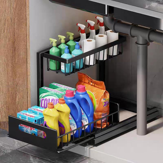2 Tier Under Sink Organizer, Storage for Kitchen Bathroom,Pull Out Cabinet Organizer Slide Out Sink Shelf Cabinet Storage Shelves (Black, 1 Pack)