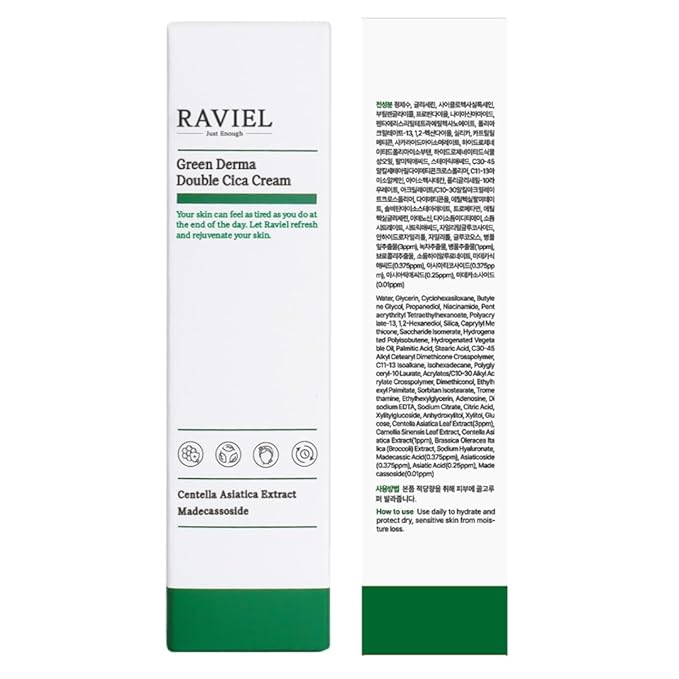 RAVIEL] Green Derma Double Cica Cream – Calming & Hydrating Moisturizer for Redness-Prone Skin and Barrier Support, Korean Skincare for All Skin Types, 50ml 1.7 fl oz