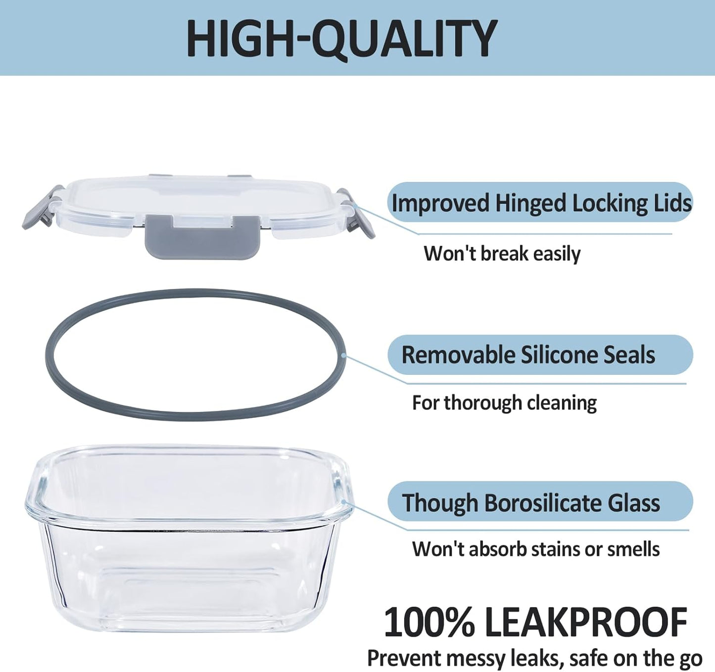 Glass Food Storage Containers with Lids Upgraded Airtight, 4 Pack Glass Storage Containers with Lids, Not Easy Broken & Leak Proof, Glass Containers with Lids for Oven/Dishwasher Safe, Grey