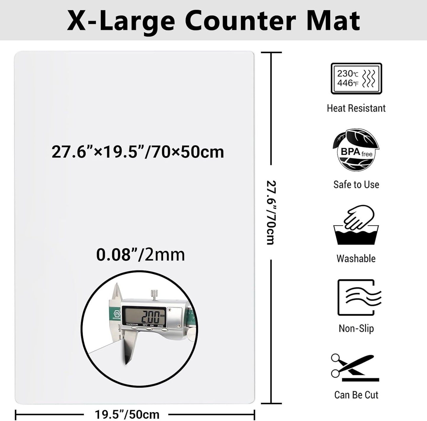 Ewen 27.6x19.5in 2mm Silicone Mats for Kitchen Counter, Thick Large Heat Resistant Non-Stick Silicone Placemat, Nonslip Workbench Mat Countertop Protector for Desk Crafts Air Fryer Pastry Translucent