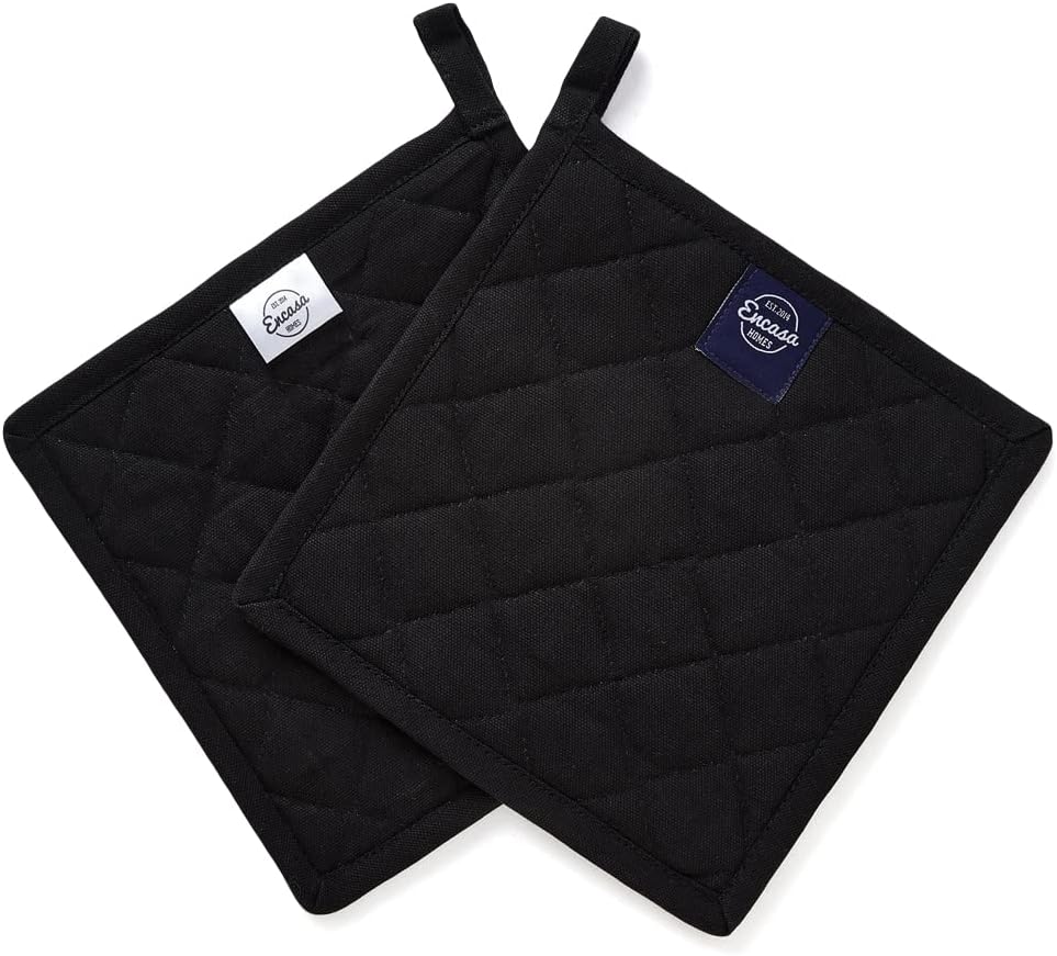 Encasa XO Heat Resistant Cotton Pot Holders with Hanging Loop - Set of 2 - Full Black - Multipurpose Quilted Everyday Hot Pad for Kitchen, Camping, BBQ & Microwave - 8x8 in