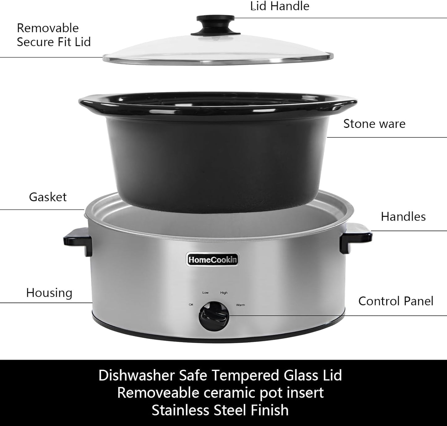 HOMECOOKIN 7 Quart Slow Cooker Oval Manual Pot Food Warmer with 3 Cooking Settings, Stainless Steel
