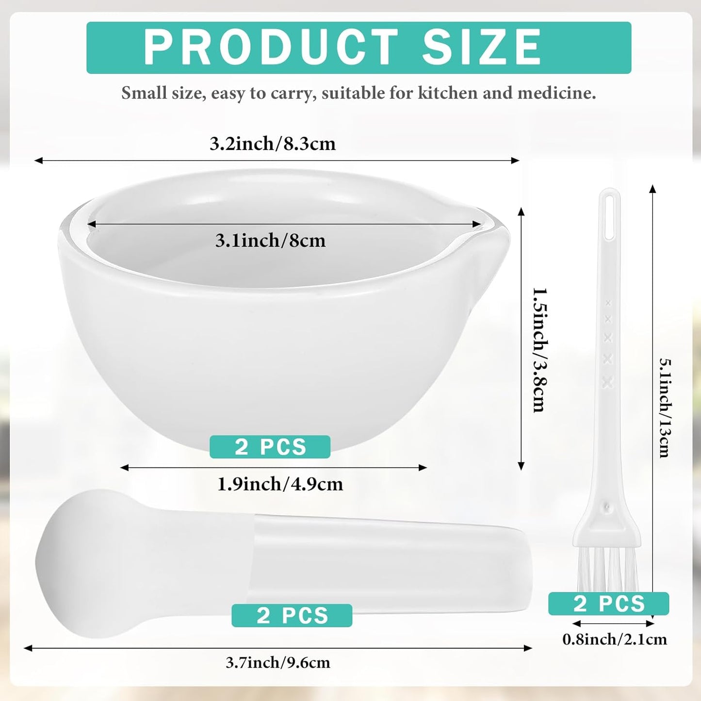 2 Sets Mini Porcelain Mortar and Pestle Set Porcelain Herb Grinder Crusher Grinding Bowl Kitchen Mixing Grinding Bowl with 2 Pieces Brushes for Seasonings, Sesame, Herbs, Medicine (80 mm)
