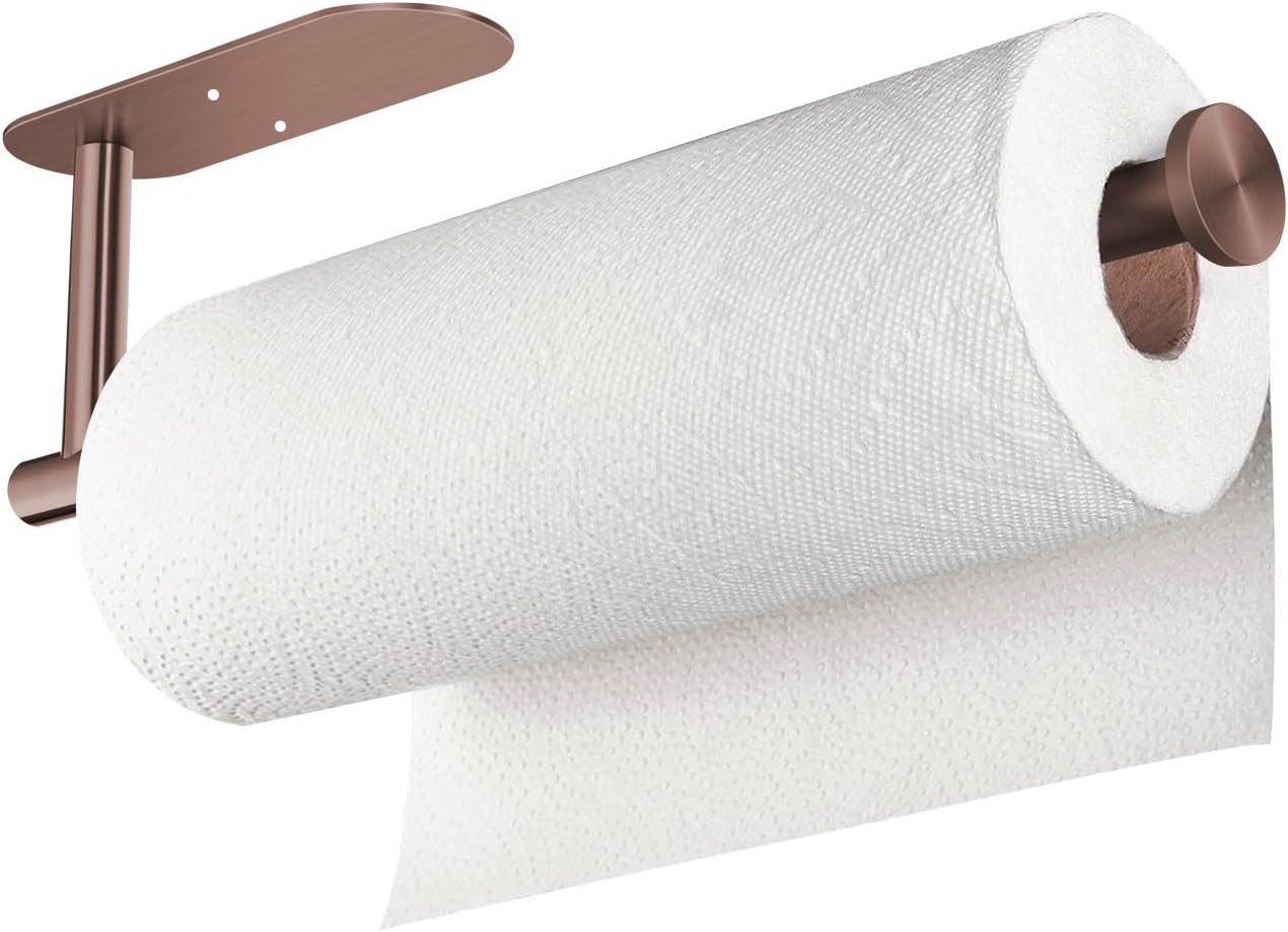 VAEHOLD Adhesive Paper Towel Holder Under Cabinet Wall Mount for Kitchen Paper Towel, Black Paper Towel Roll Holder Stick to Wall, Stainless Steel (Rose Gold)