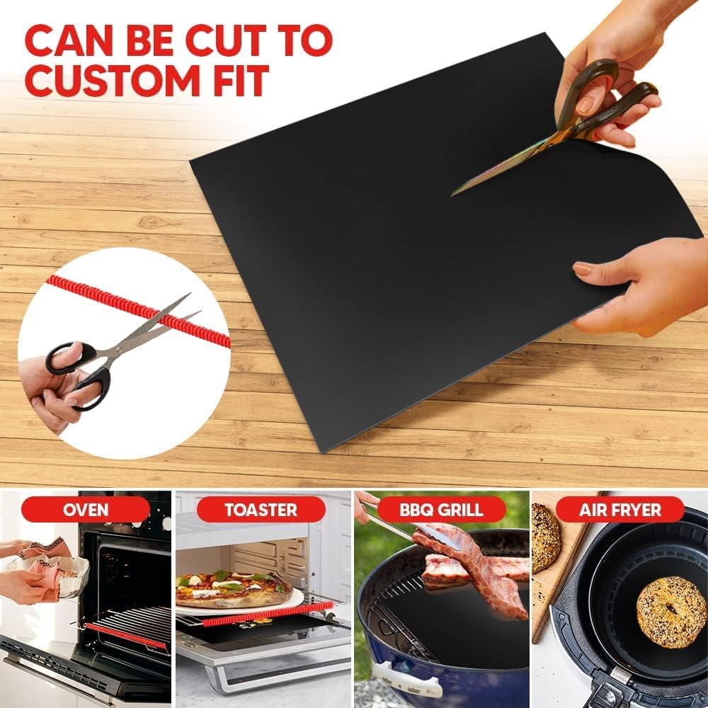 Oven Liners for Bottom of Oven Black (2-pack) Bundled with Rack Shield (2-pack) - Large Mat for Bottom of Stove (17"x 25") and 22" Red Range Guards for Racks - Reusable & Heat Resistant