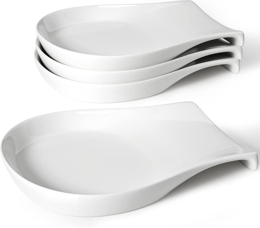 Spoon Rest for Kitchen Counter, 5.5 Inches Spoon Holder, Ceramic Ladle Rest for Stove Top, Spatula Holder Porcelain, Coffee, Kitchen Utensils Accessories, Set of 4, White