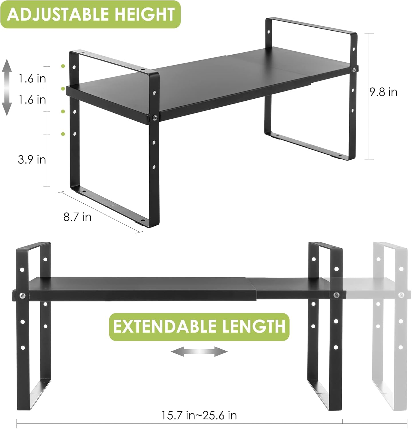 Expandable Cabinet Shelf Organizer Rack, Stackable Kitchen Counter Storage Shelves Stand, Adjustable Height Pantry Shelf Spice Rack (Black, 1 Pack)