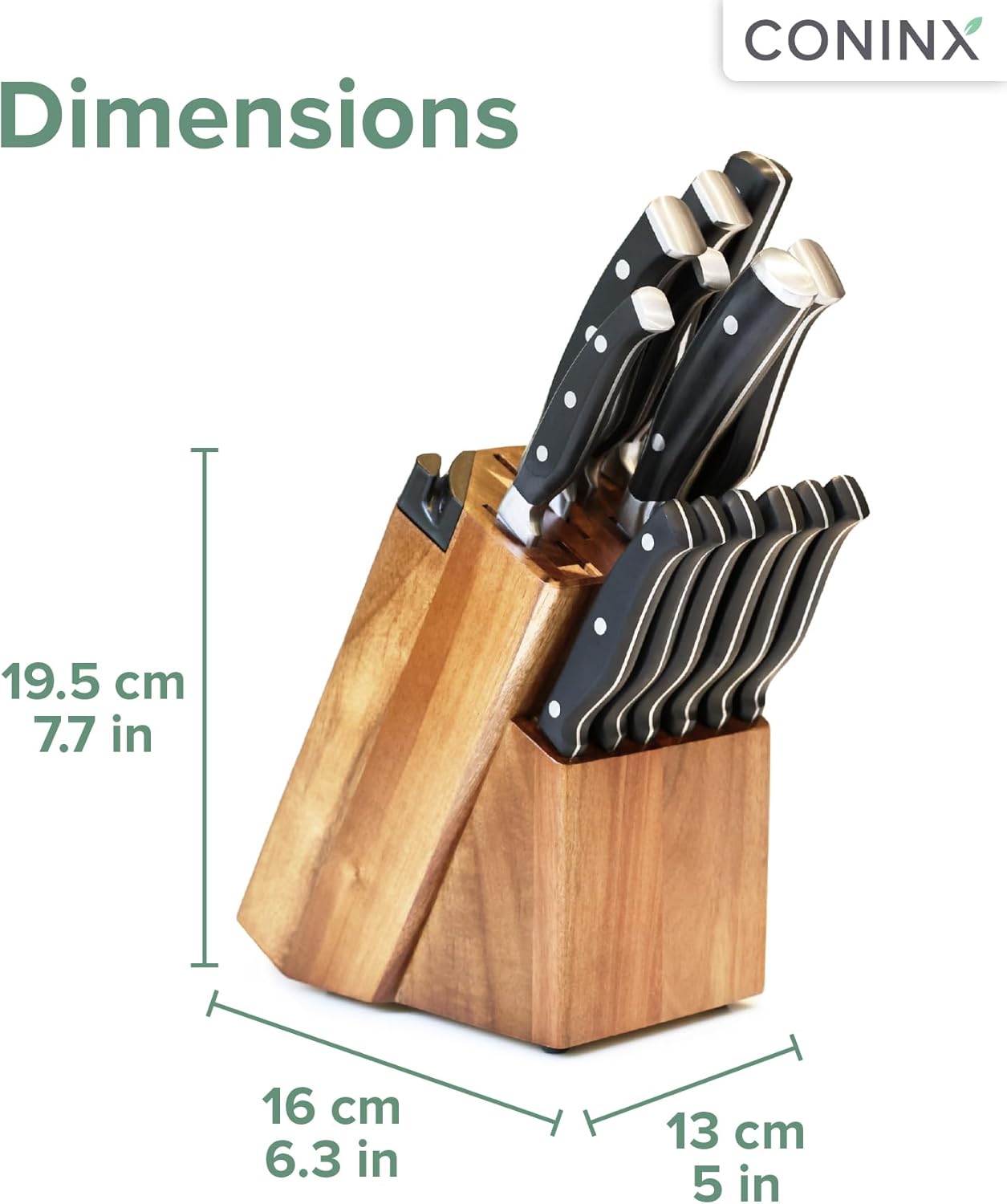 Coninx Universal Knife Block with Built-In Sharpener – 15-Slot Acacia Wood Knife Organizer Stand for Kitchen Counter – Non-Slip Holder Fits Chef, Bread, Steak Knives & Scissors