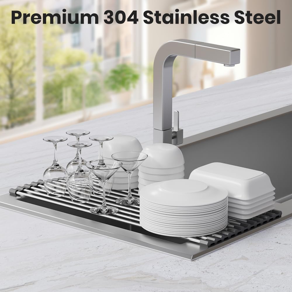 Roll Up Dish Drying Rack, Stainless Kitchen Accessories, Foldable Dish Rack, Anti-Slip Design Sink Counter Storage, Over The Sink Dish Rack, Stainless Steel, ((17.5" x 12") Black)