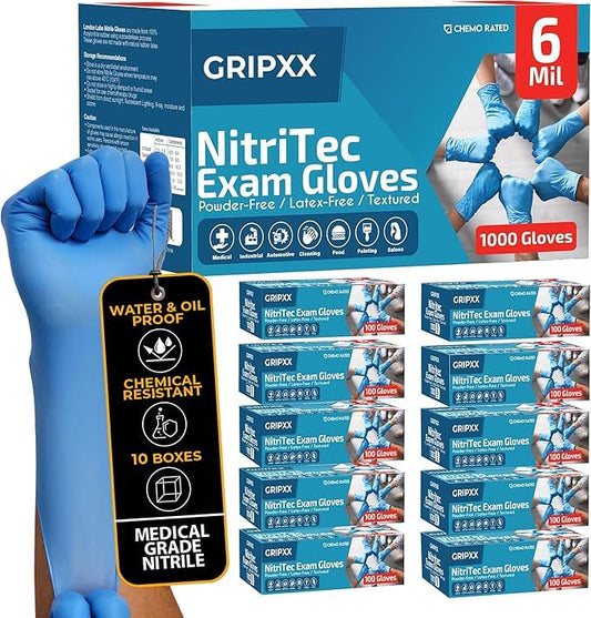 Heavy Duty 6 Mil Blue Nitrile Gloves Disposable Latex & Powder Free -Extra Stretchy Fentanyl Safe |Medical,First Aid Kit,EMT|Food Safe Rubber Gloves for Cooking & Cleaning|Bulk Pack (1000)