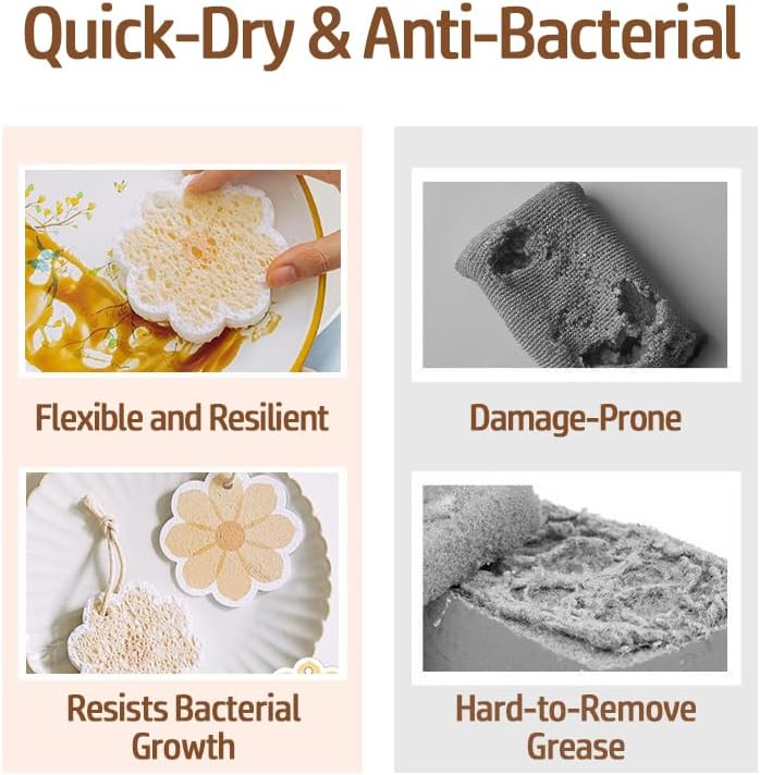 Flower-Shaped Wood Pulp Sponge Scrubber, sponges Kitchen– Dual-Sided Natural Dish Sponge,sponges for Dishes, Eco-Friendly, Quick-Drying, Gentle on Non-Stick Pans (8.5×1.8cm) (10pcs)