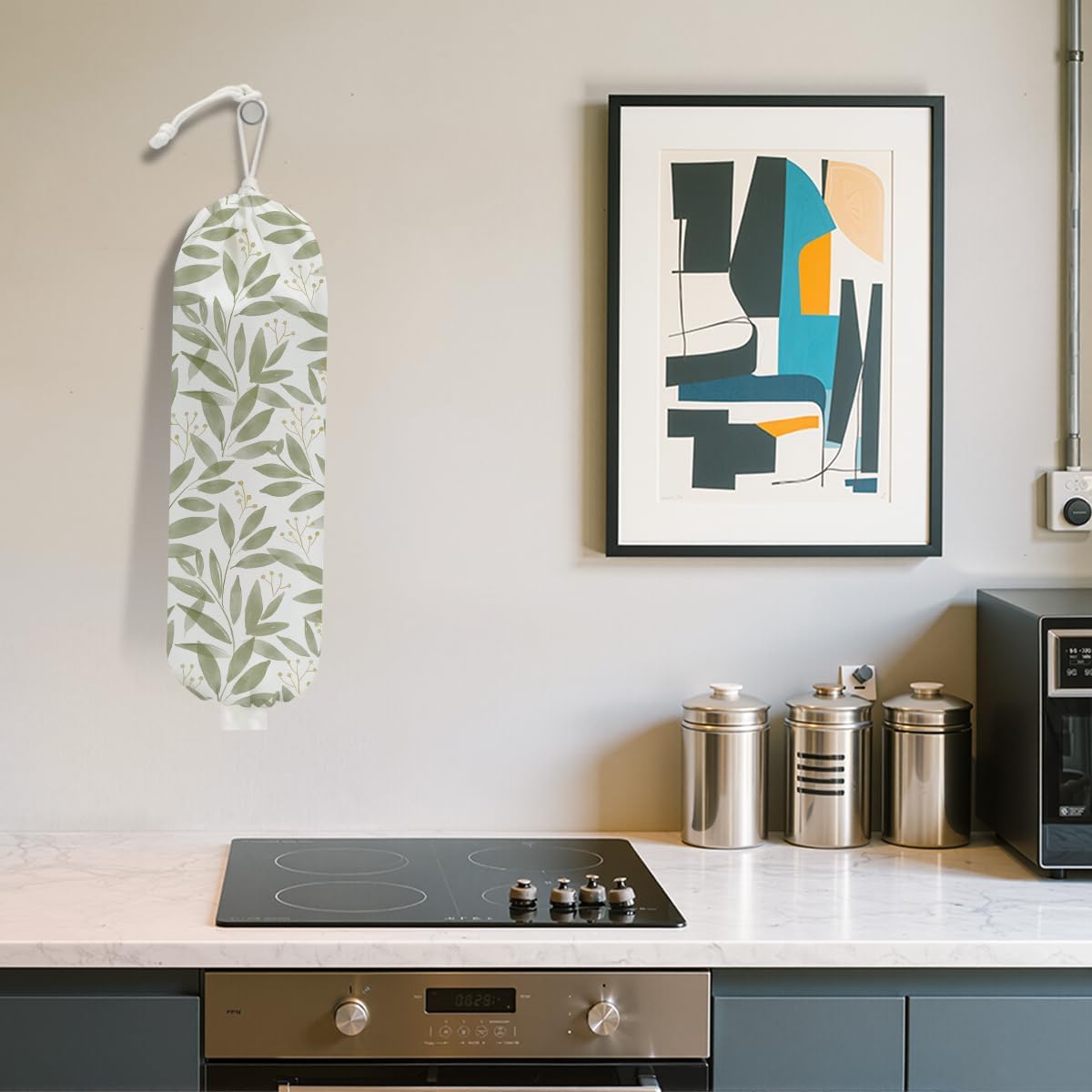 Watercolor Leaves Plastic Bag Holder, Wall Mount Grocery Bag Holder for Plastic Bags, Cottage Core Rustic Leaves Reusable Grocery Bags Storage Dispenser, Farmhouse Home Kitchen Decor