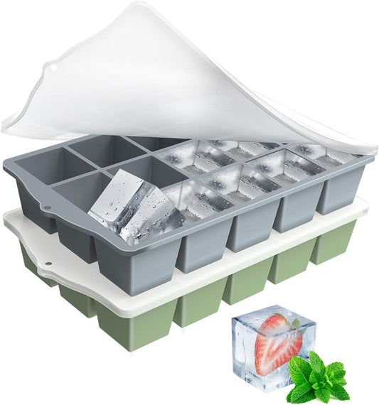 Silicone Ice Cube Tray, 2 Pack Easy-Release Stackable Ice Trays for Freezer with Lid 15 Reusable Cubes, Food Grade BPA Free Ice Molds for Whiskey, Baby Food, Coffee, Cocktail (Grey+Green)