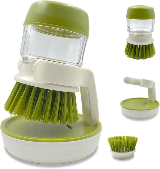 Soap Dispenser Palm Dish Brush with Storage Bracket – Drainage Base, Easy-to-Clean Kitchen Utensil Cleaner | Includes Extra Soft Bristle Brush (Green)