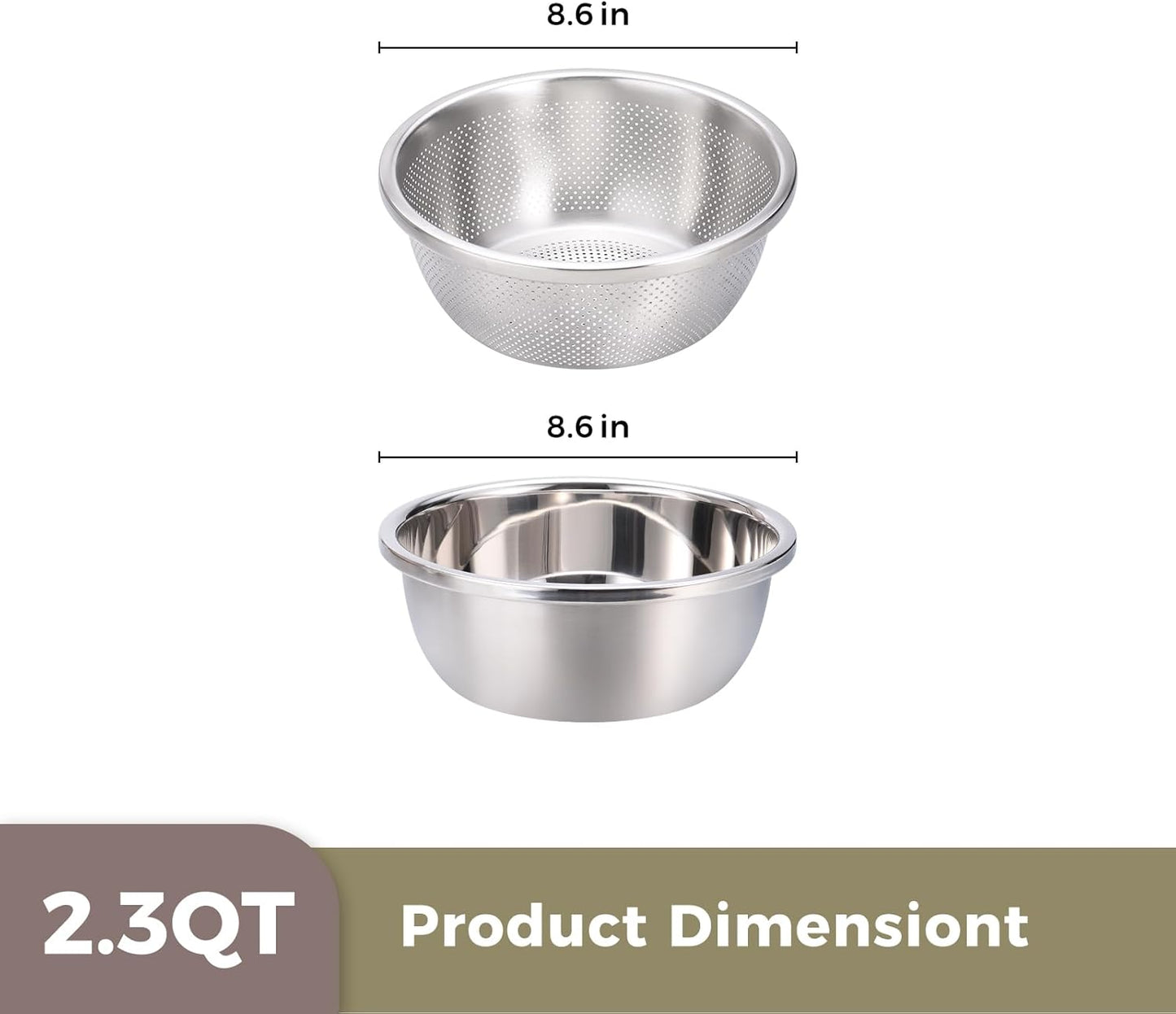 Colander and Bowl Set 2.3QT (2-in-1) - Thickened 304 Stainless Steel Kitchen Strainer Bowl for Fruit, Pasta, Vegetables, Rice - Heavy Duty, Induction Cooker & Dishwasher Safe