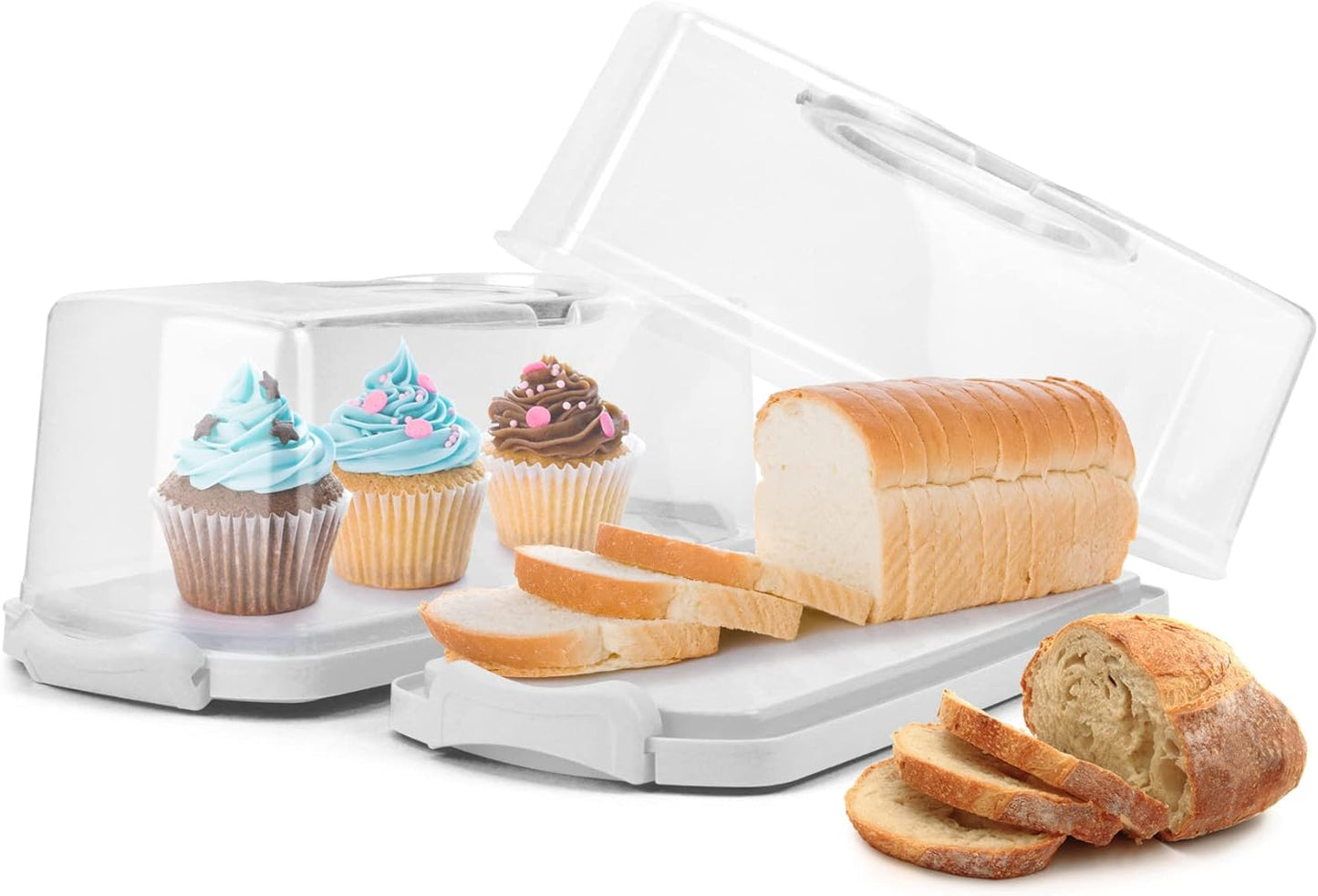 2-Pack Plastic Rectangular Bread Box with Clear Lid, Loaf Cake Keeper, Portable Bread Keeper Storage Container with Handle (White)