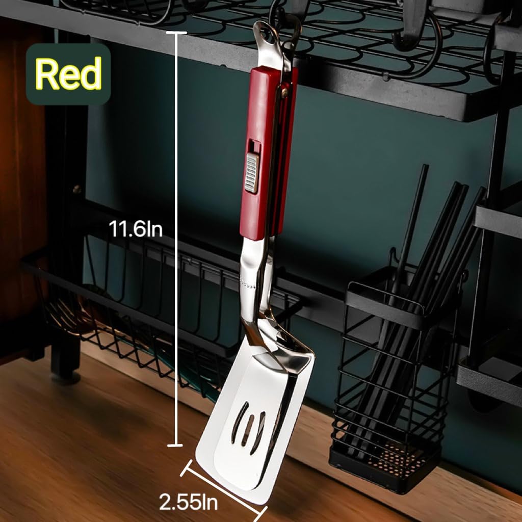 Anti-Scald Extended Handle Spatula Tongs 11.6 Inch Multifunctional Stainless Steel Cooking Tongs Food Shovel Clamp for Flipping Steak Fish Bread Hamburger BBQ Frying Pancake Pies Pizza