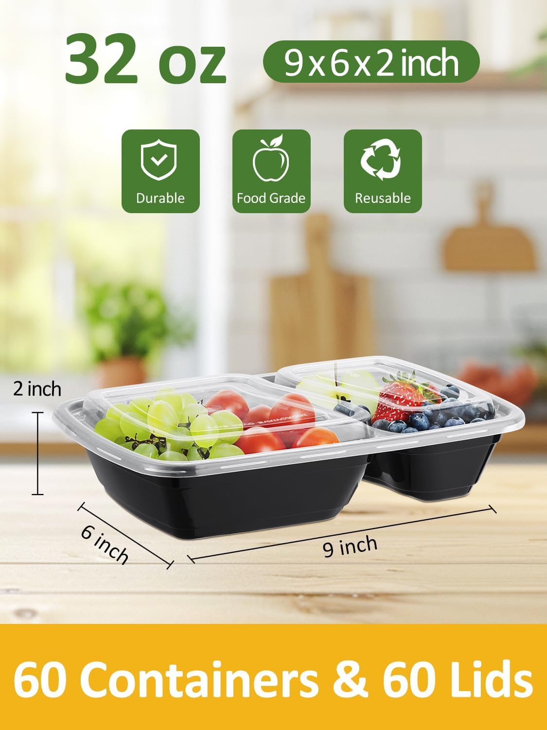 60 Sets 32oz Meal Prep Containers 2 Compartment - Plastic Food Storage Containers 2 Compartments with Lids