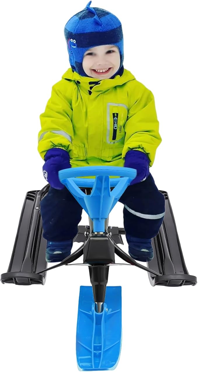 Snow Racer Sled with Steering Wheel and Brakes, Durable Steel Frame, Downhill Steerable Sled for 220 LBS Kids, Teenagers, Adults