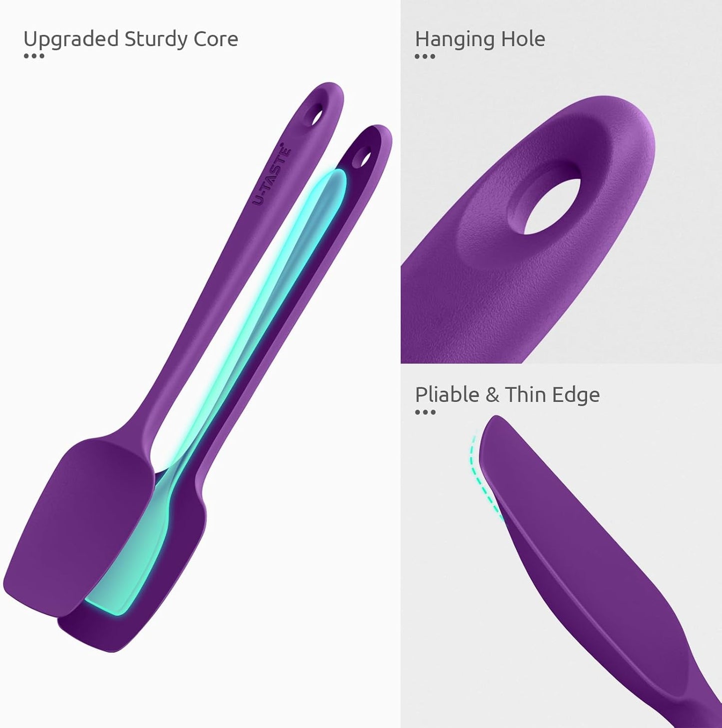 U-Taste Silicone Spoon Spatula Set: 480ºF Heat Resistant Food Grade Flexible Rubber Spoonula, Nonstick Cooking Mixing Scooping Kitchen Baking Scraper Utensils Set of 3 for Pan, Pot, Bowl (Purple)