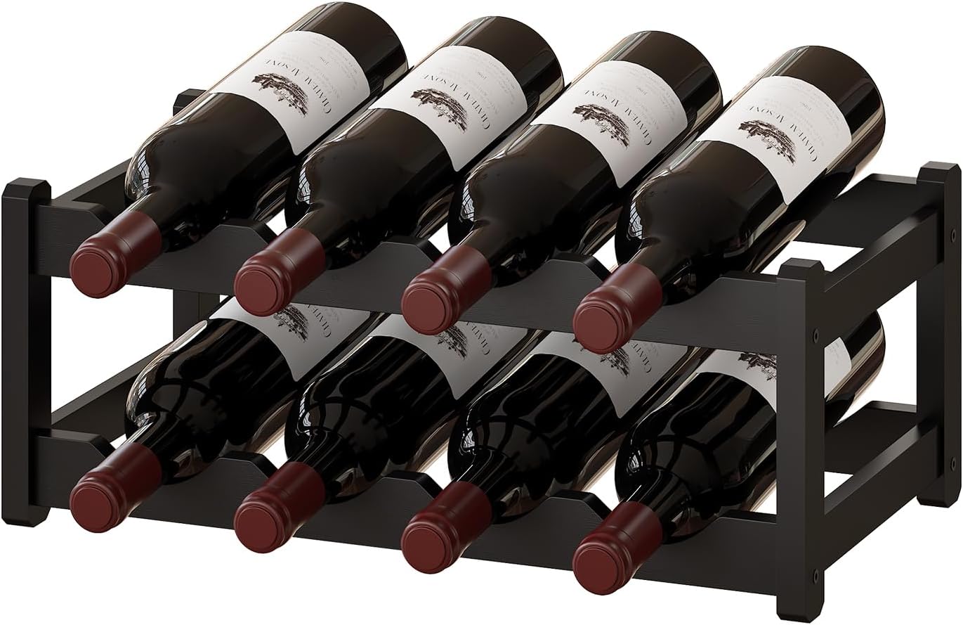 BMOSU Bamboo Wine Rack Wine Storage Cabinet Shelf 8 Bottle Wine Racks Countertop Sturdy for Kitchen Dining Room Pantry - 2 Tiers Wine Rack (Black)