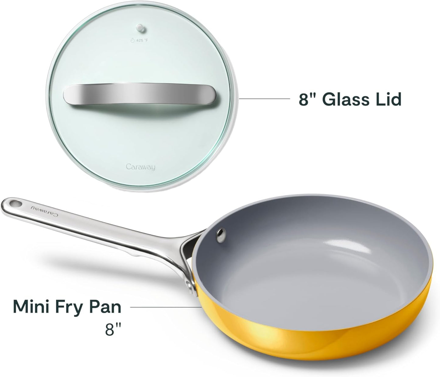 Caraway Nonstick Ceramic Mini Fry Pan With Glass Lid (1.05 qt, 8") - Non Toxic, PTFE & PFOA Free - Oven Safe & Compatible with All Stovetops (Gas, Electric & Induction) - Marigold