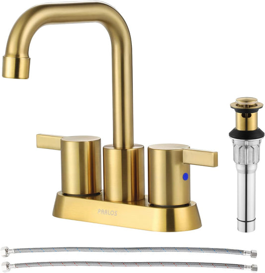 PARLOS 2-Handle Brushed Gold Bathroom Faucet for Lavatory with Pop-up Sink Drain and Faucet Supply Lines, 1431608