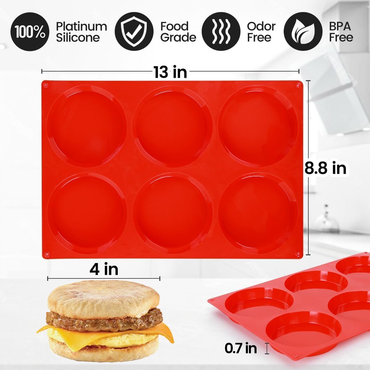 CAKETIME Jumbo Muffin Top Pan, Silicone Egg Molds for Breakfast Sandwiches 4 Inch Large Egg Baking Pan for Oven English muffins, Whoopie Pies, Corn Bread, Egg bites, Tarts 2 Pack Red