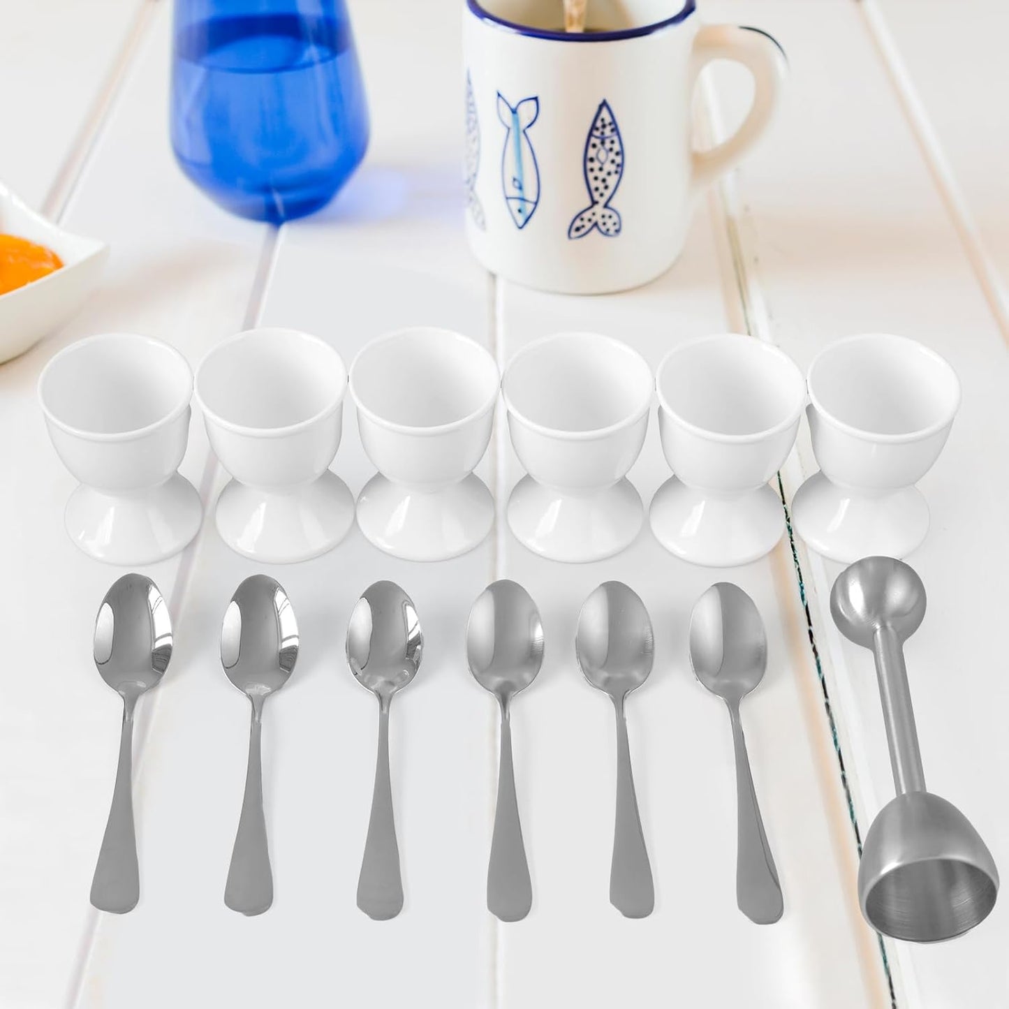Cinf White Ceramic Egg Cups & Cracker Set | Set of 6 Ceramic Egg Cups + 6 SS Spoons + 1 Egg Topper Breakfast Boiled Cooking Easy to Clean Childhood Memories Kitchen