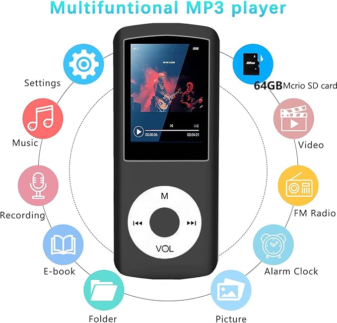 MP3 Player / MP4 Player, Hotechs MP3 Music Player with 64GB Memory SD Card Slim Classic Digital LCD 1.82'' Screen Mini USB Port with FM Radio, Voice Record (Black)