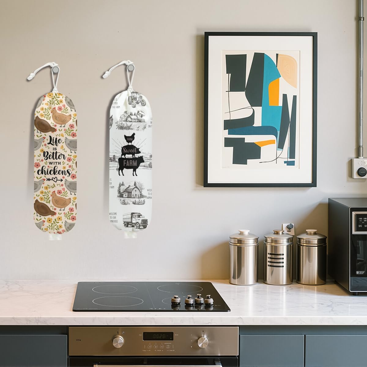 2Pcs Rustic Sweet Farm Plastic Bag Holder for Kitchen Essentials, Wall Mount Grocery Bag Holder for Plastic Bags, Chicken Floral Reusable Grocery Bags Storage Dispenser for Home Kitchen Farmhouse