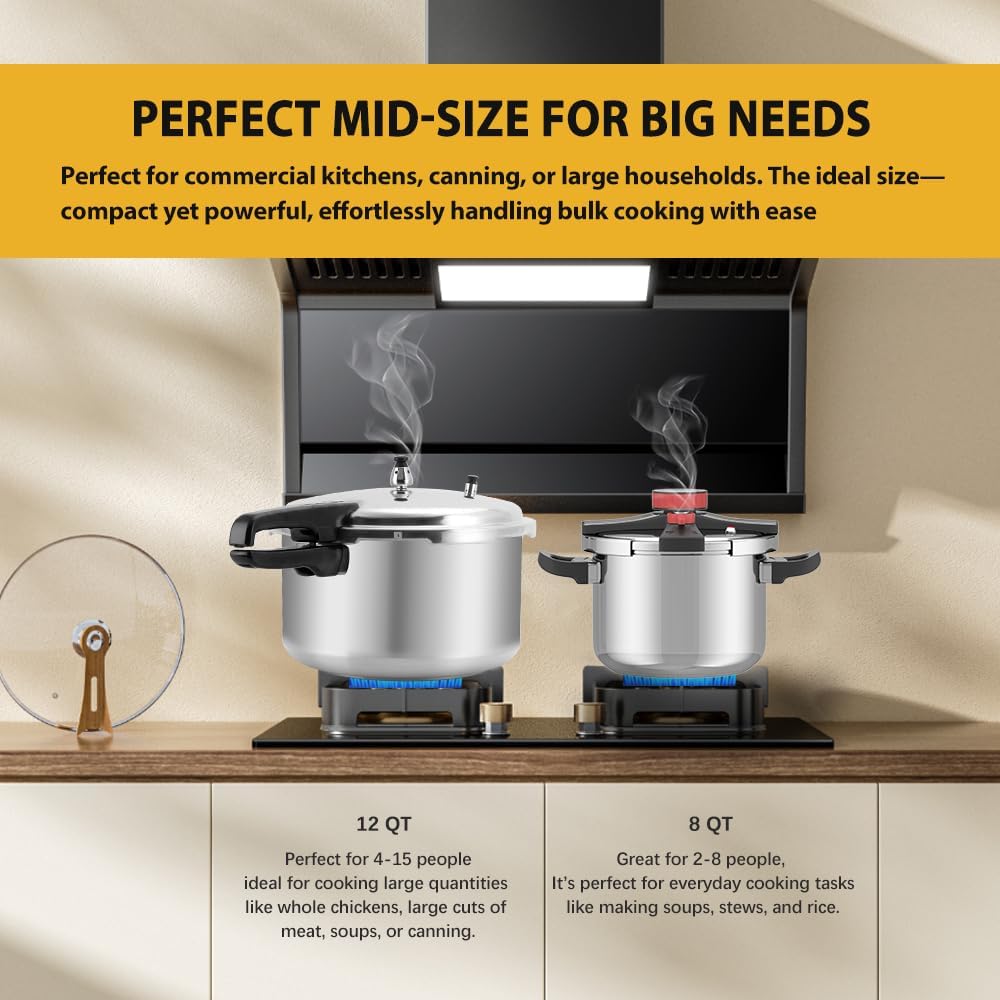 BreeRainz 12 Quart Pressure Cooker, Aluminum Pressure Canner w/Cooking Rack for Steaming,Canning and Stewing, Silver