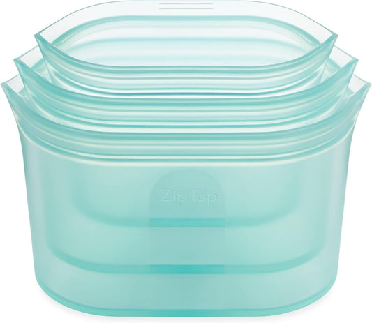 Zip Top Reusable Food Storage Bags | 3 Dish Set [Teal] | Silicone Meal Prep Container | Microwave, Dishwasher and Freezer Safe | Made in the USA