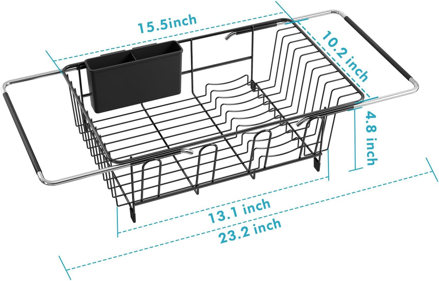 Over The Sink Expandable Dish Drainer Drying Rack in Stainless Steel for Small Kitchen, Counter Space Saving Modern Compact Metal Above Plate Dryer Strainer, Adjustable Hanging Inside Drain Holder