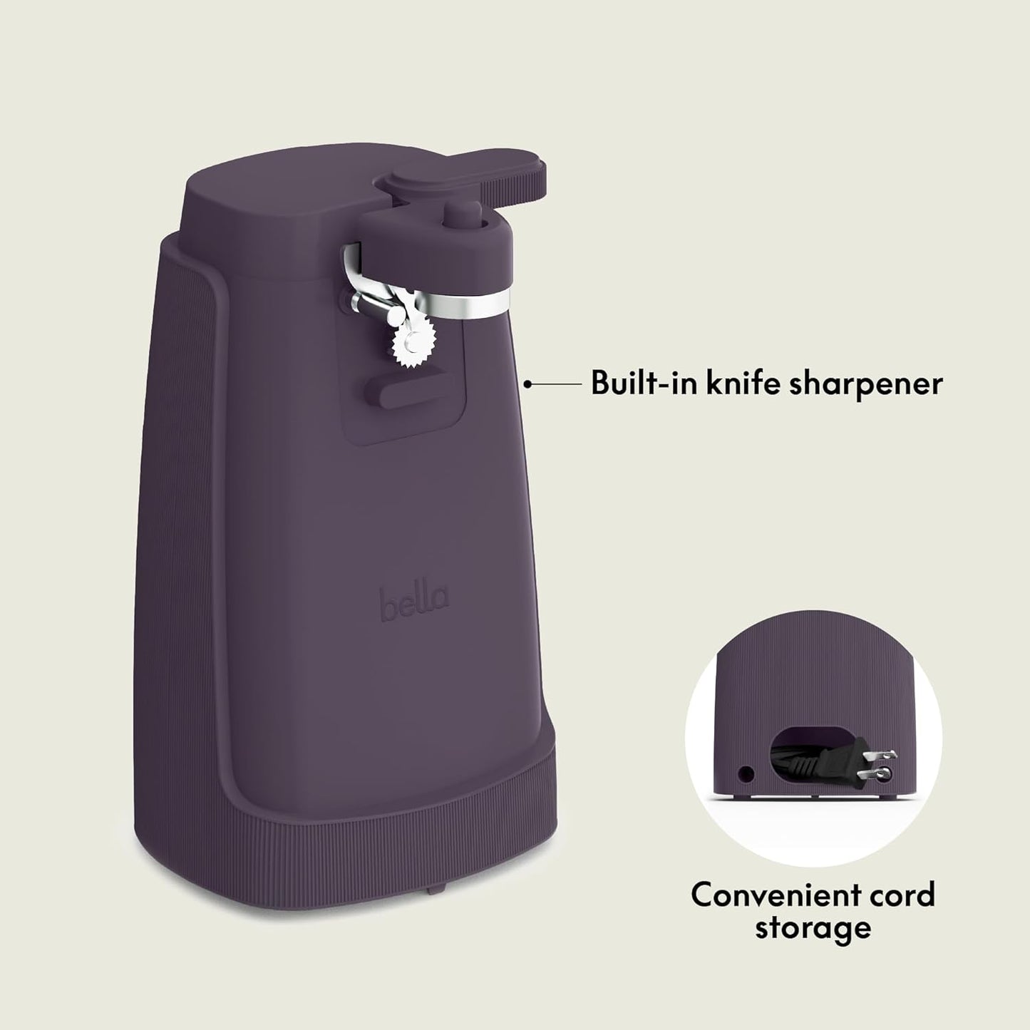 bella Electric Can Opener and Knife Sharpener, Multifunctional Jar and Bottle Opener with Removable Cutting Lever and Cord Storage, Stainless Steel Blade, Plum