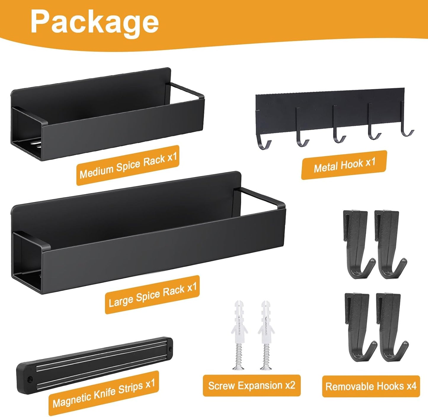 4 Pack Magnetic Spice Rack for Refrigerator,Metal Magnetic Shelf Black with Hook,Magnetic Knife Rack,4 Hooks,Space Saving for Home,Kitchen