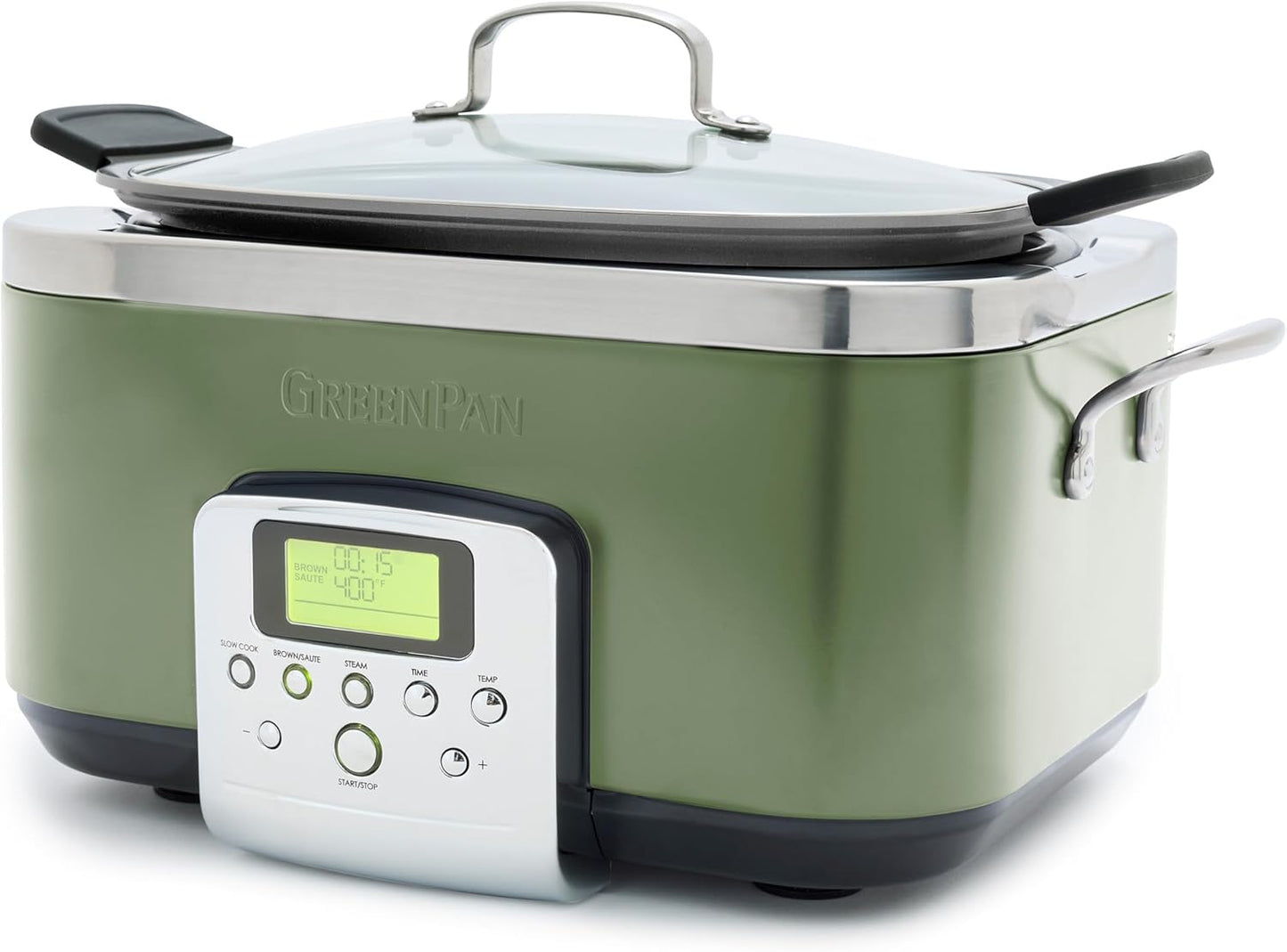 GreenPan Elite 8-in-1 Programmable 6QT Electric Slow Cooker, Dishwasher Safe Lid & Removable Crock, PFAS-Free Healthy Ceramic Nonstick Multi-Cooker, Sear, Sauté, Brown, Steam Basket, Roast, Sage Green